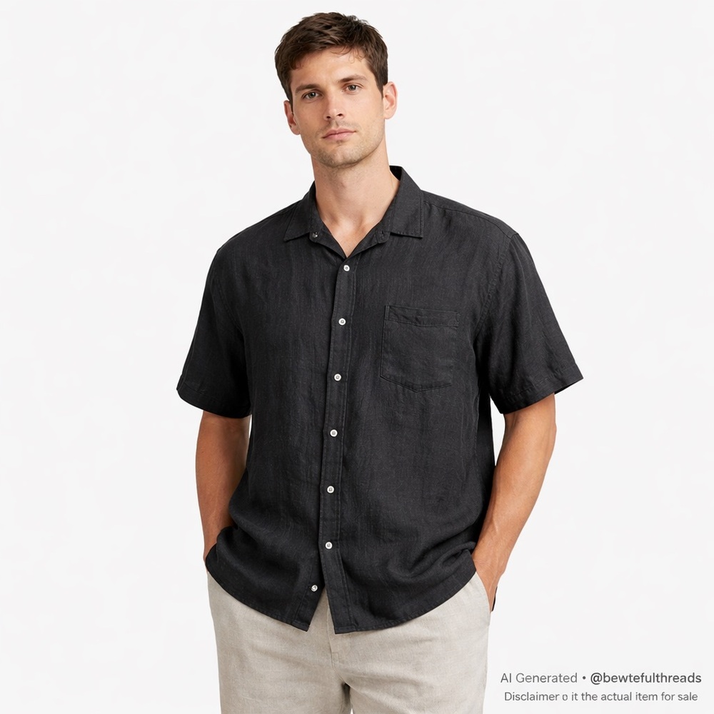 Reunion Men’s M Black Linen Blend Short Sleeve Button-Up Shirt Vintage